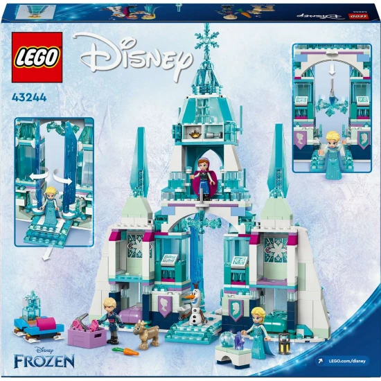 Elsa háromszintes jégpalotája a LEGO® Frozenből, egy jelenettel, ahol Elsa, Anna és Kristoff egy erkélyen állnak, mozgó padlóval, varázsajtóval és leeső csillárral. 