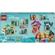  Disney Princesses LEGO® építőkészlet piaccal, amely Tiana, Aurora, Hamupipőke és Ariel minifigurákat, gyűjthető gyűrűket és különféle játékkellékeket tartalmaz. A maketten egy piac látható, virágcserépvel, paddal és szökőkúttal.
