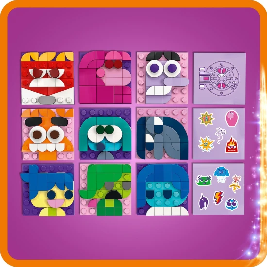 LEGO® Disney In Head 2 filmkészlet 2 megépíthető kockával, Joy and Anxiety mini babákkal, szeszélyes jelekkel, valamint Foreman és Margie figurákkal. A makett színes emléklabdákat és egy kockáknak való kiállítási standot tartalmaz.