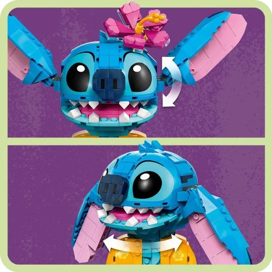 Játssz és mutasd be a LEGO® Disney Stitch-et mozgatható fülekkel, forgó fejjel, megépíthető fagylalttölcsérrel és virággal. Ideális ajándék Lilo és Stitch rajongóinak.