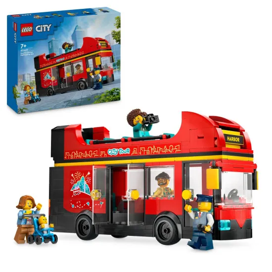 Nagyszerű emeletes LEGO® városnéző busz mindkét emeleten kényelmes ülésekkel, kidolgozott részletekkel és különféle játéktartozékokkal, mint például mikrofon, telefon és kamera.
