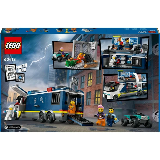LEGO CITY Mobil bűnügyi labor teherautóval, amely megnyílik, hogy felfedjen egy kétszintes bűnügyi helyszínt térképpel, mikroszkóppal, kávéfőzővel és börtönnel, rendőrökkel, tudósokkal és bűnöző minifigurákkal.