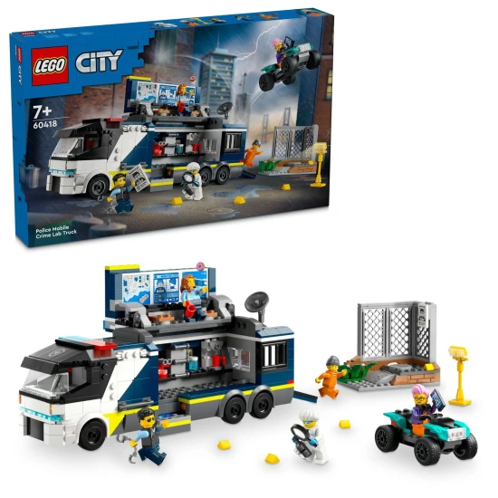 LEGO CITY Mobil bűnügyi labor teherautóval, amely megnyílik, hogy felfedjen egy kétszintes bűnügyi helyszínt térképpel, mikroszkóppal, kávéfőzővel és börtönnel, rendőrökkel, tudósokkal és bűnöző minifigurákkal.