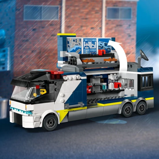 LEGO CITY Mobil bűnügyi labor teherautóval, amely megnyílik, hogy felfedjen egy kétszintes bűnügyi helyszínt térképpel, mikroszkóppal, kávéfőzővel és börtönnel, rendőrökkel, tudósokkal és bűnöző minifigurákkal.