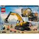LEGO építőipari kotrógép univerzális karral és markolattal, amely készen áll az építkezésen nehéz terepen és nehéz terhek kezelésére.