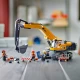 LEGO építőipari kotrógép univerzális karral és markolattal, amely készen áll az építkezésen nehéz terepen és nehéz terhek kezelésére.