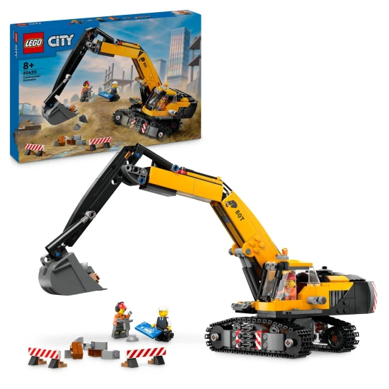 LEGO építőipari kotrógép univerzális karral és markolattal, amely készen áll az építkezésen nehéz terepen és nehéz terhek kezelésére.