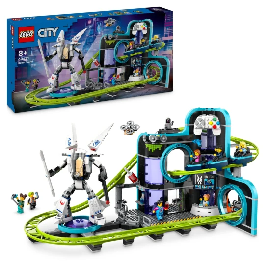 LEGO City hullámvasút kocsikkal, arcade játékkonzolokkal és mozgó robottal, akciódús utazást kínál egy videojátékokkal és futurisztikus elemekkel teli vidámparkban.