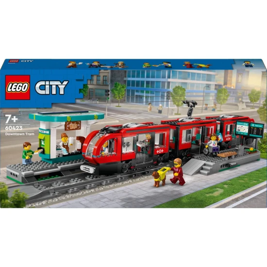 LEGO City villamosmegálló kávézóval, jegykiadó automatával és tágas villamossal, 2 vezetőfülkével és kényelmes ülésekkel az utasok számára.