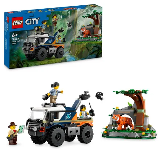 A LEGO CITY terepjáró robusztus gumikkal és kamerakarral, a dzsungel felfedezői tigrist követnek, távcsővel, walkie-talkie-val, térképpel és felmérő drónnal a kalandos felfedezéshez.