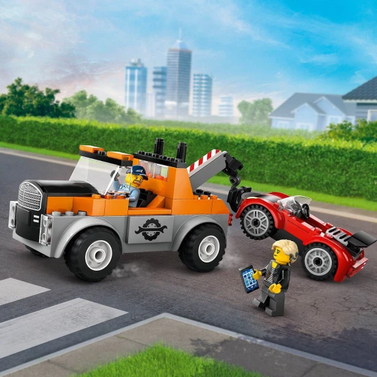 LEGO City Vontató- és sportkocsijavítás LEGO® vontató teherautó sofőrrel egy kényelmes kabinban, strapabíró széles gumikkal és működő csörlővel, amely minden helyzetben készen áll a segítségre.