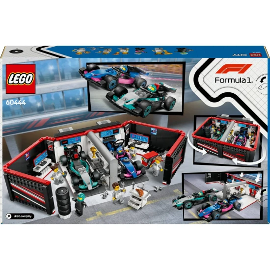 LEGO CITY F1® Garázs Mercedes-AMG és Alpine versenyautókkal útra készen.