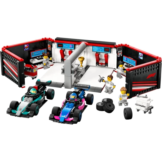 LEGO CITY F1® Garázs Mercedes-AMG és Alpine versenyautókkal útra készen.