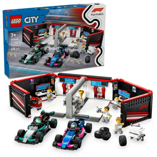 LEGO CITY F1® Garázs Mercedes-AMG és Alpine versenyautókkal útra készen.