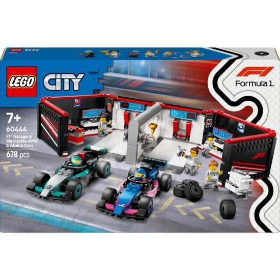 LEGO CITY F1® Garázs Mercedes-AMG és Alpine versenyautókkal útra készen.
