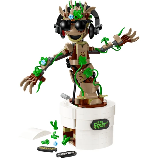 LEGO Groot táncoló, LEGO Groot mozgó ágakkal, Dancing Groot kiegészítőkkel, LEGO Groot fejhallgatóval és napszemüveggel