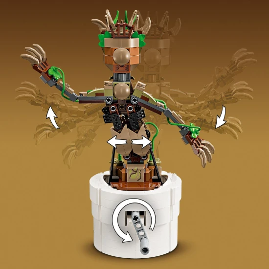 LEGO Groot táncoló, LEGO Groot mozgó ágakkal, Dancing Groot kiegészítőkkel, LEGO Groot fejhallgatóval és napszemüveggel