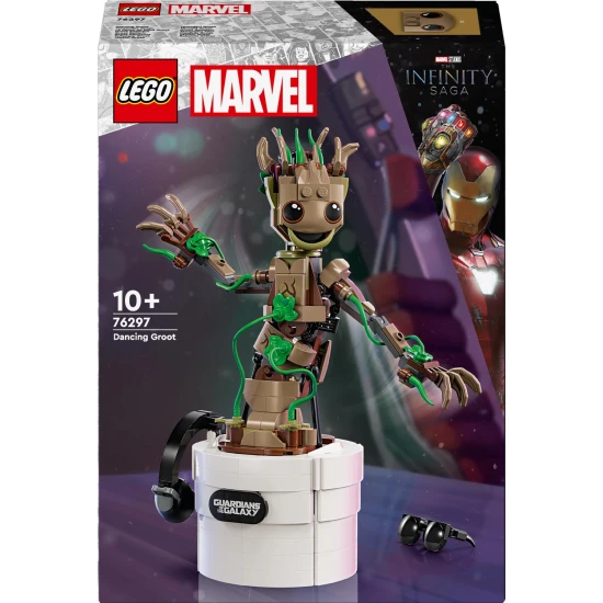 LEGO Groot táncoló, LEGO Groot mozgó ágakkal, Dancing Groot kiegészítőkkel, LEGO Groot fejhallgatóval és napszemüveggel