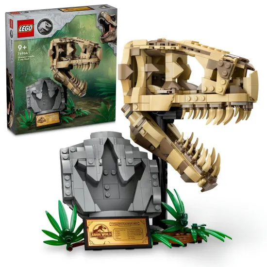 LEGO® Jurassic World T-Rex koponya és kövületek játékkészlet gyerekeknek, állvány információs táblával, nyitható állkapocs és rejtett „borostyán” darab.