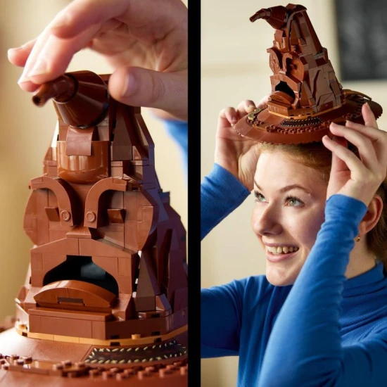 "LEGO Harry Potter beszélő válogatósapka – Harry Potter minifigura és kalap az állványon