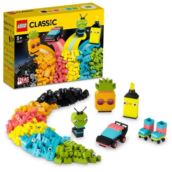 A LEGO Classic Neon Creative Fun kreatív játékokat mutat be neon színekkel.