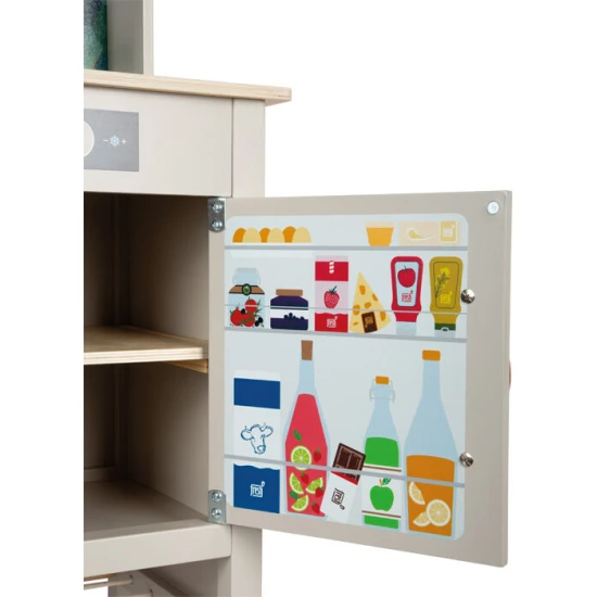 Gyerek fa konyha Ízletes szürke fénnyel, hanggal és fém kiegészítőkkel