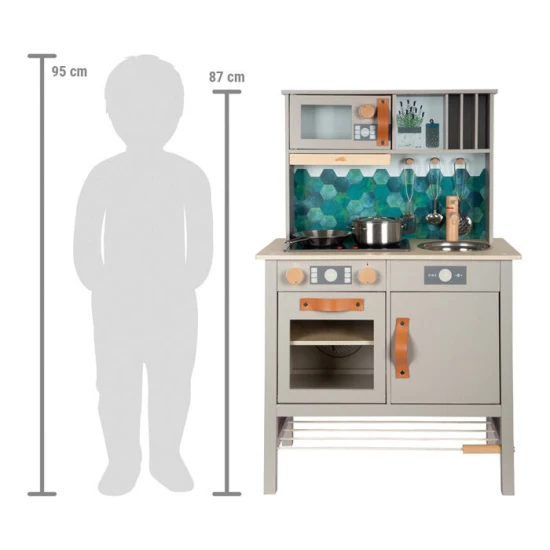 Gyerek fa konyha Ízletes szürke fénnyel, hanggal és fém kiegészítőkkel