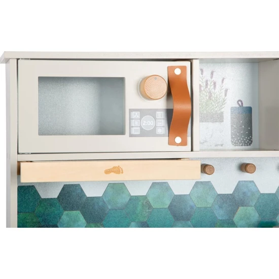 Gyerek fa konyha Ízletes szürke fénnyel, hanggal és fém kiegészítőkkel