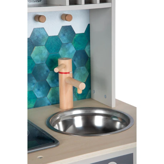 Gyerek fa konyha Ízletes szürke fénnyel, hanggal és fém kiegészítőkkel