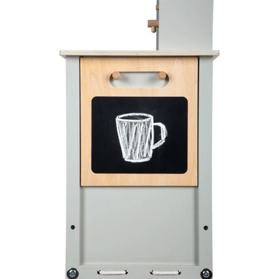 Gyerek fa konyha Ízletes szürke fénnyel, hanggal és fém kiegészítőkkel