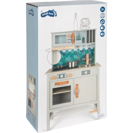 Gyerek fa konyha Ízletes szürke fénnyel, hanggal és fém kiegészítőkkel