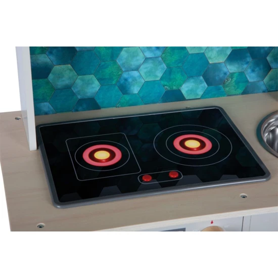 Gyerek fa konyha Ízletes szürke fénnyel, hanggal és fém kiegészítőkkel