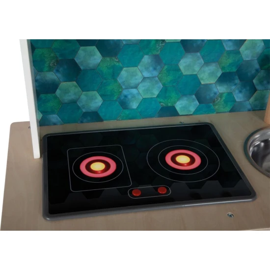 Gyerek fa konyha Ízletes fehér fénnyel, hanggal és fém kiegészítőkkel