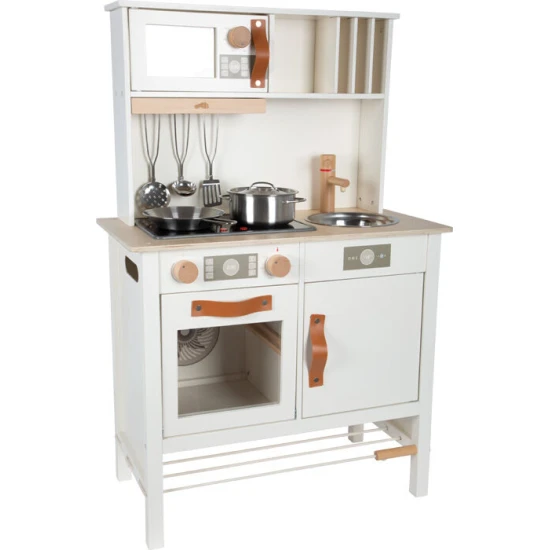 Gyerek fa konyha Ízletes fehér fénnyel, hanggal és fém kiegészítőkkel