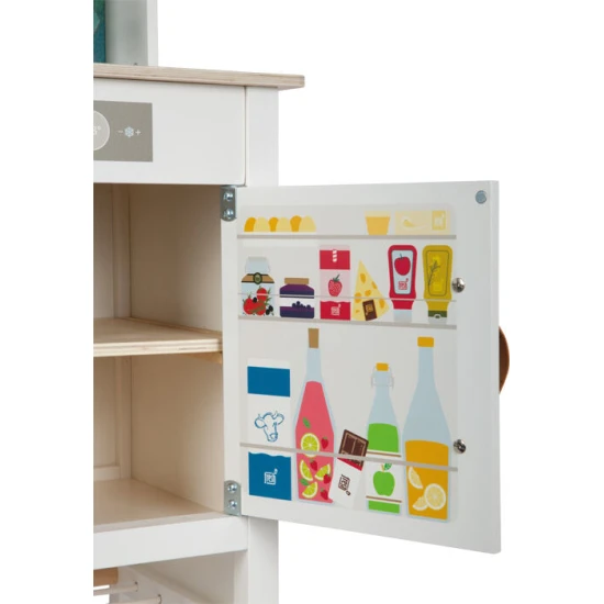 Gyerek fa konyha Ízletes fehér fénnyel, hanggal és fém kiegészítőkkel