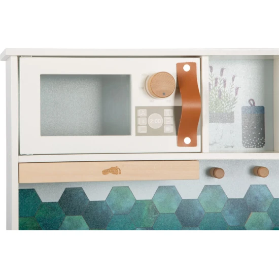 Gyerek fa konyha Ízletes fehér fénnyel, hanggal és fém kiegészítőkkel