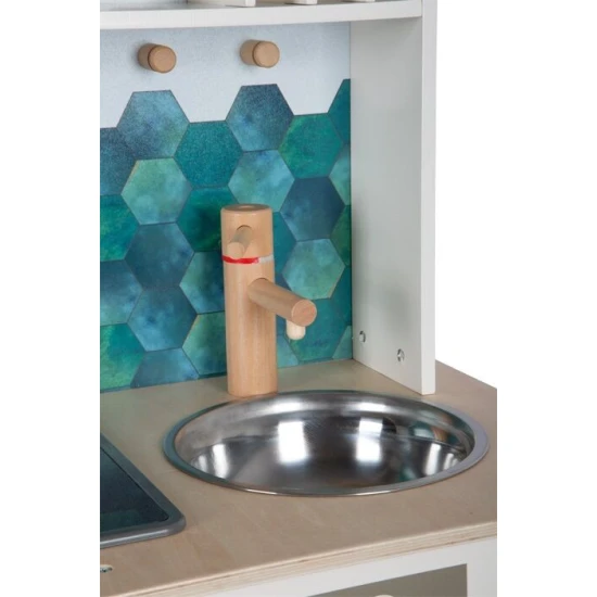 Gyerek fa konyha Ízletes fehér fénnyel, hanggal és fém kiegészítőkkel