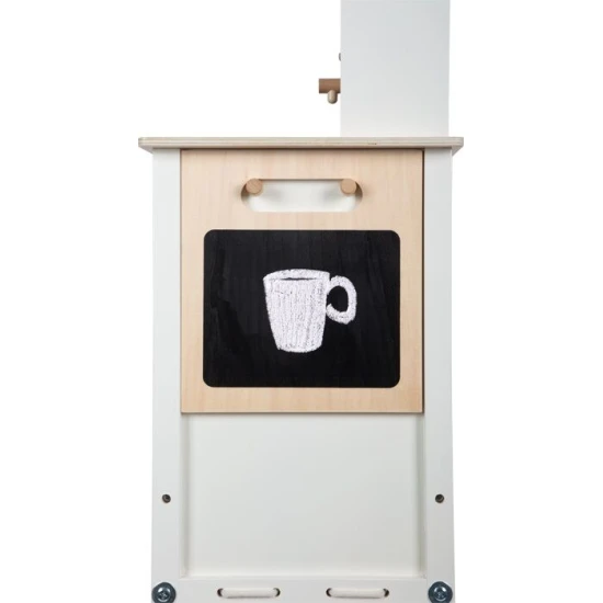 Gyerek fa konyha Ízletes fehér fénnyel, hanggal és fém kiegészítőkkel