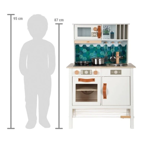 Gyerek fa konyha Ízletes fehér fénnyel, hanggal és fém kiegészítőkkel