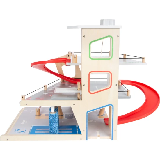 Háromszintes garázs mágneses elemekkel kis versenyzőknek.