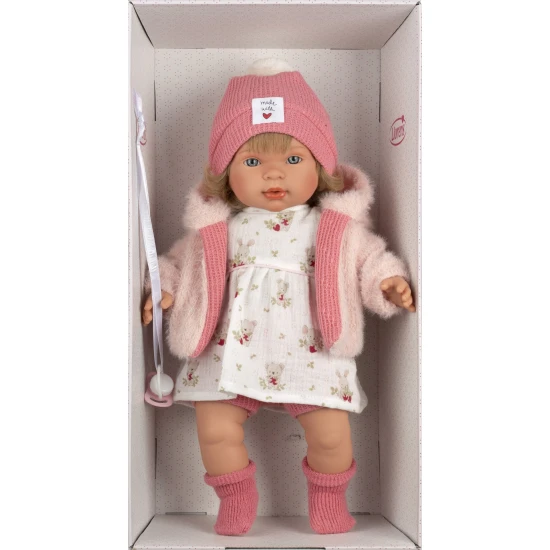 Llorens Baba Hangokkal és Puha Testtel Carla virágos ruhában 42 cm
