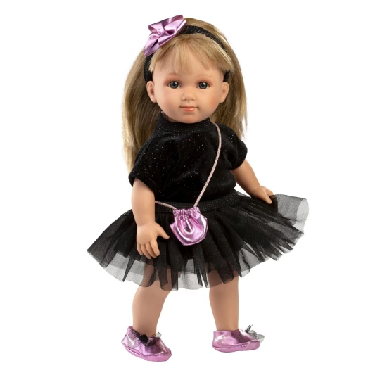Llorens Doll Elena 35 cm puha testtel és fekete ruhával, kézzel készített Spanyolországban, 3 éves kortól használható.