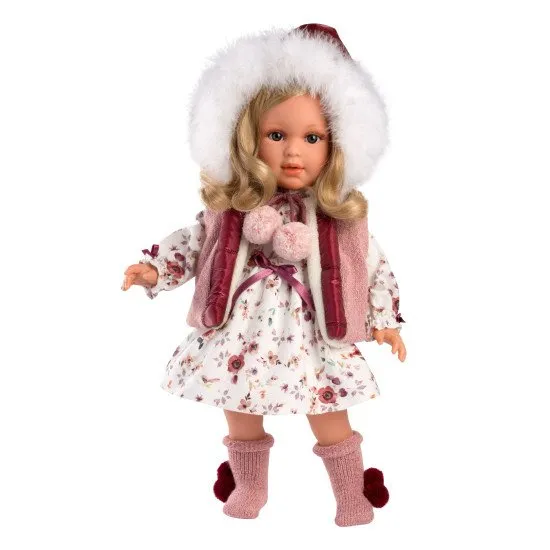 Baba hang nélkül, 40 cm, puha szövet testtel, finom szőrrel az egész fején, Spanyolországban kézzel készített, díszdobozban, 3 éves kortól használható.