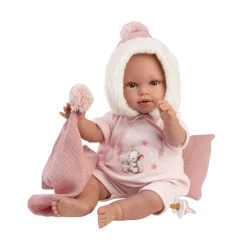 Llorens Baba Hangokkal és Puha Testtel rózsaszín kapucnis ruhában 38 cm