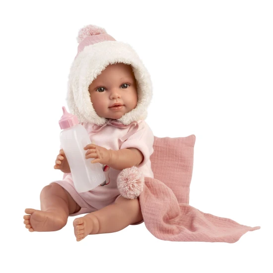 Llorens Baba Hangokkal és Puha Testtel rózsaszín kapucnis ruhában 38 cm