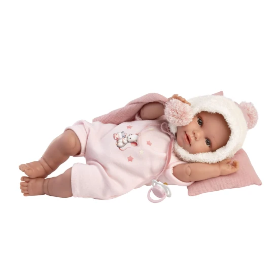 Llorens Baba Hangokkal és Puha Testtel rózsaszín kapucnis ruhában 38 cm
