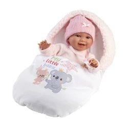 Llorens Baba Hangokkal és Puha Testtel rózsaszín Koala hálózsákban 38 cm