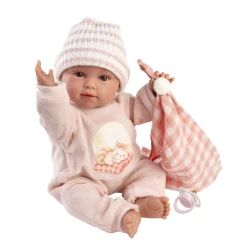 Llorens Baba Hangokkal és Puha Testtel rózsaszín ruhában kockás takaróval 38 cm
