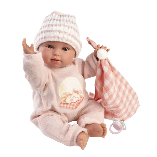Llorens Baba Hangokkal és Puha Testtel rózsaszín ruhában kockás takaróval 38 cm Llorens Baba Hangokkal és Puha Testtel rózsaszín ruhában kockás takaróval 38 cm