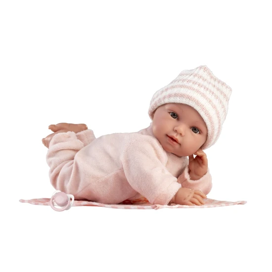 Llorens Baba Hangokkal és Puha Testtel rózsaszín ruhában kockás takaróval 38 cm Llorens Baba Hangokkal és Puha Testtel rózsaszín ruhában kockás takaróval 38 cm